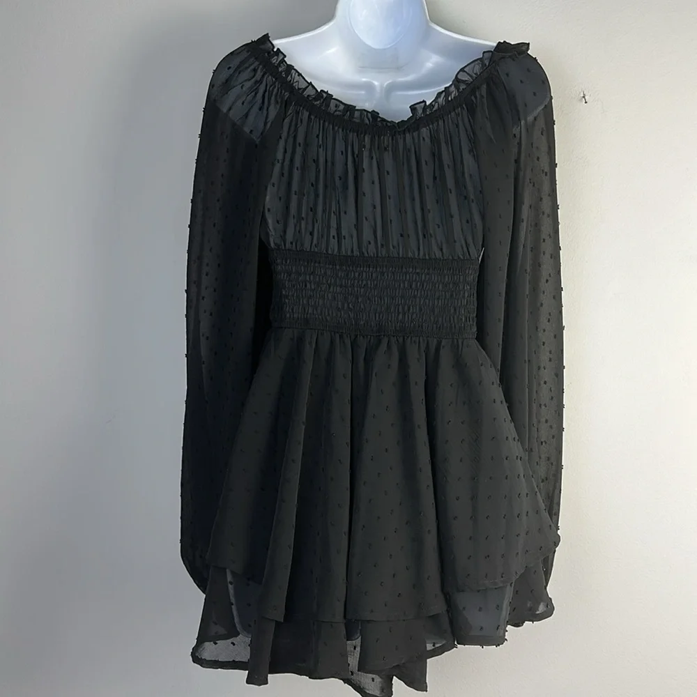 Urban Outfitters Rosie Clip Dot Smocked Long Sleeve Romper SM Black Fairygoth - Picture 12 of 16